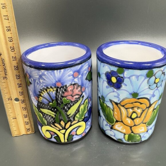 Hand Made Talavera Pottery Cups Tumblers Set 2 Signed Zepeda Puebla Mexico Cups - Picture 3 of 12